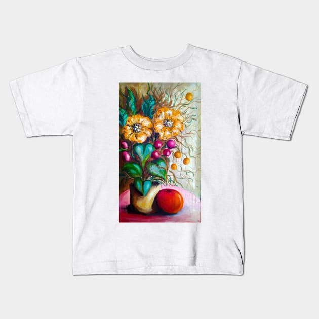 jar with yellow flowers and purple berries Kids T-Shirt by Marccelus